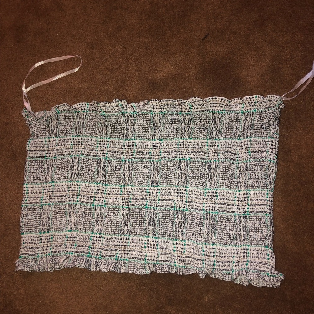 Green printed plaid smocked tube top
